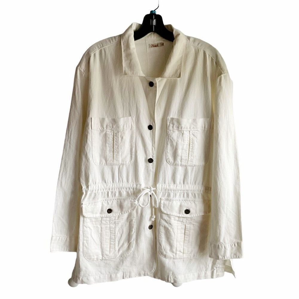Faherty Jacket Utility White Cotton Linen Button Front Drawstring Belt Medium